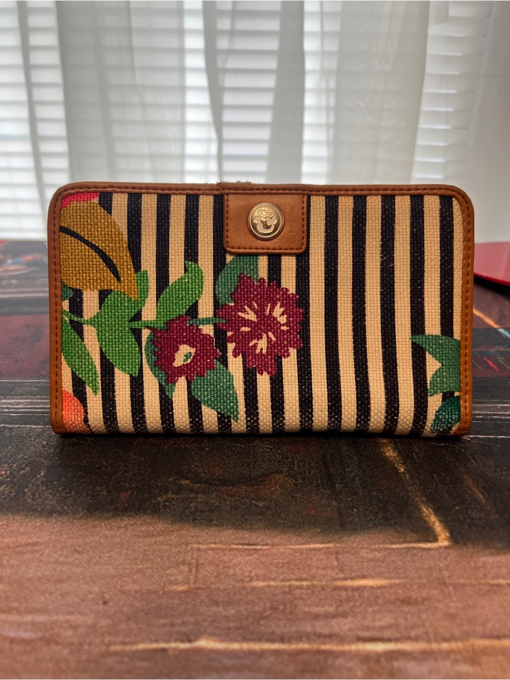 Striped Floral Wallet with Leather Trim - Navy Stripes & Cream